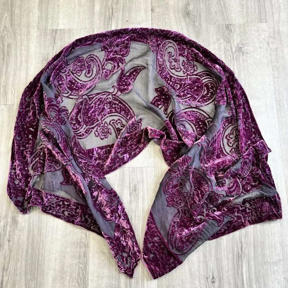 Scarf Sheer Silk Velvet Purple Paisley Design Head Shoulder Covering 21 x 66 in
